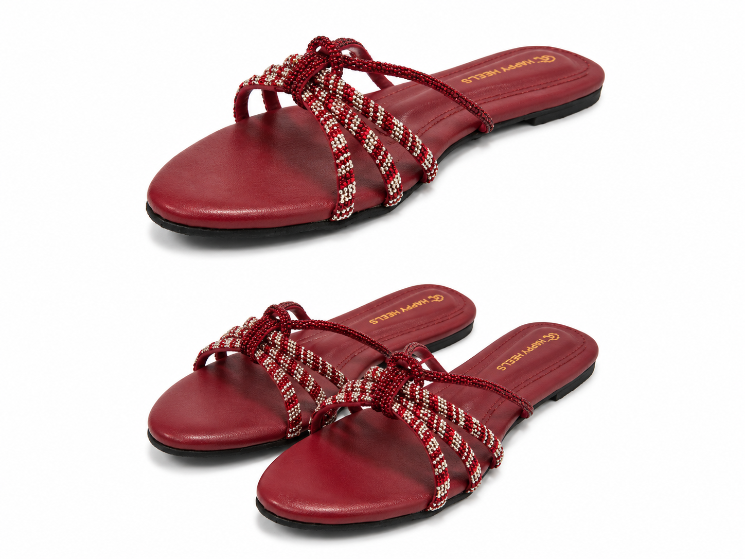 Elegant Silver Rhinestone Flat Sandal,Stylish Red Beaded and Black Flat Slippers