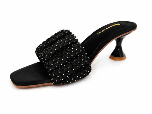 Happy Heels Midnight Crystal Mule Heels – Black and Cream
