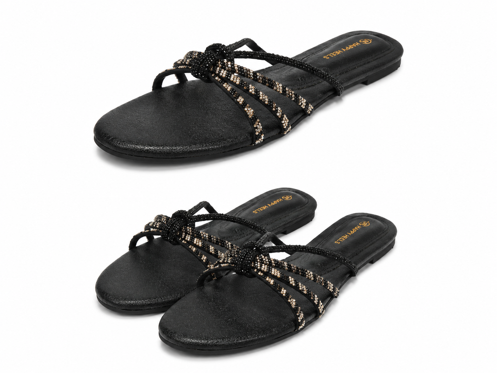 Elegant Silver Rhinestone Flat Sandal,Stylish Red Beaded and Black Flat Slippers