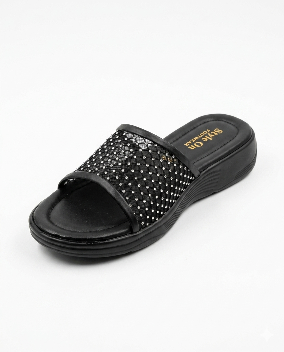 Happy Heels Ladies Rhinestone Shimmer Slides – Jet Black with Gold Branding