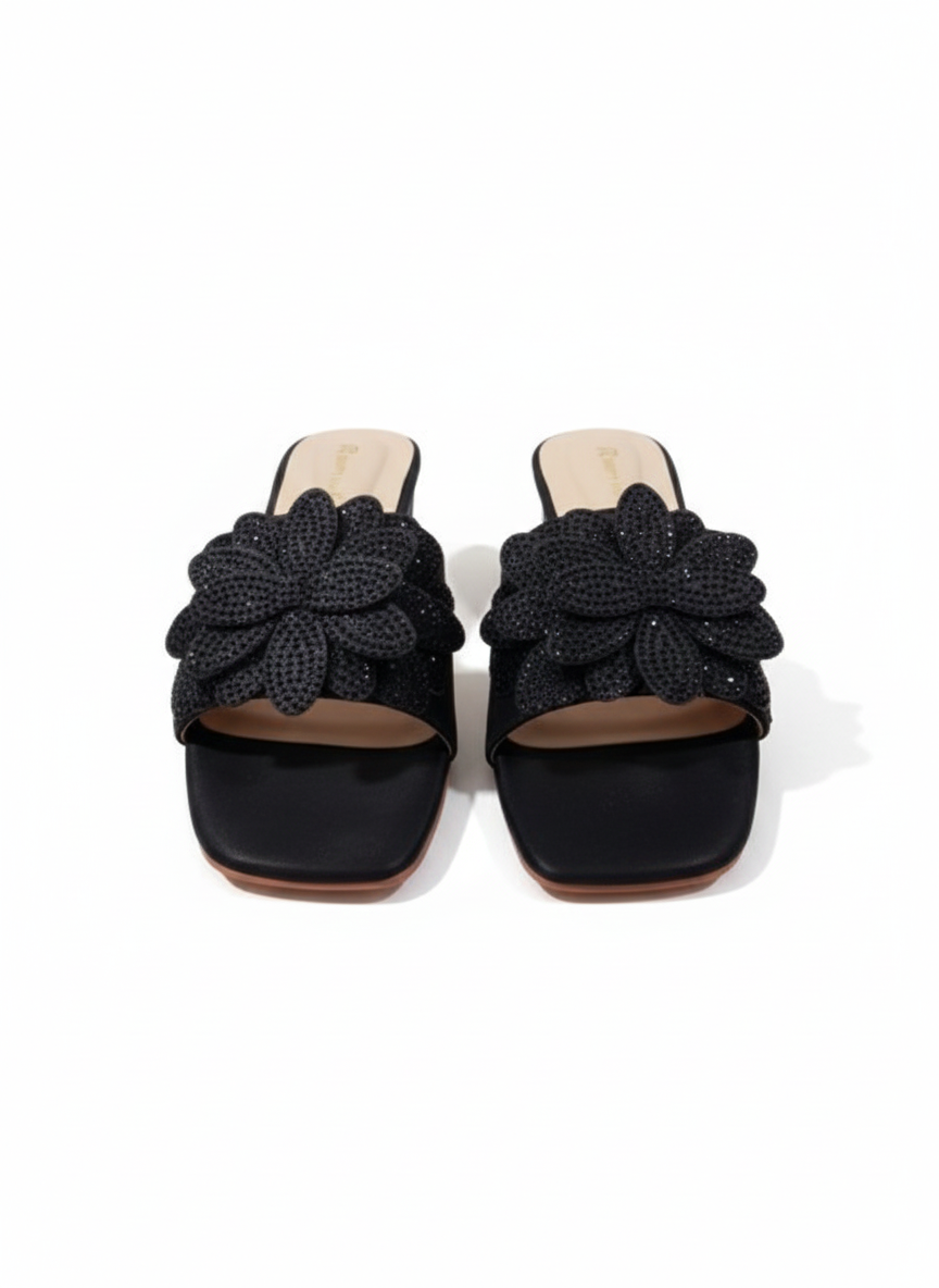 LuxeBloom Embellished Comfort Block Heel Slides