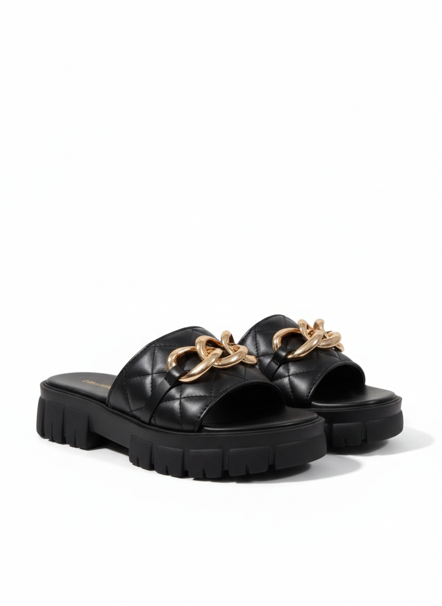 Gold Chain Quilted Chunky Platform Slides